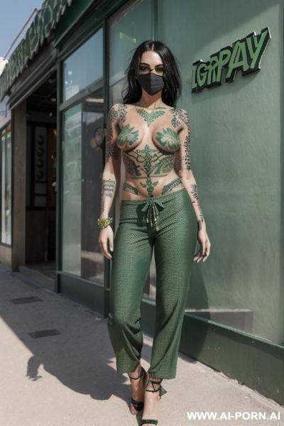 The model should wear croat top and ordinary pant and her face should be covered eyes mask, green high heels - ai-porn.ai on pornsimulated.com