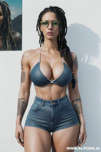 (((jamaica, very beautiful face, gorgeous body, athletic build, toned body, strong legs and arms, juicy thighs, curvy figure, natural big breasts))) ((gothic woman, tattooed arms, tattoo sleeves, - ai-porn.ai on pornsimulated.com