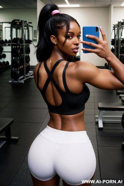Sporty black woman. round ass breasts taking a selfie. lifts shirt in gym - ai-porn.ai on pornsimulated.com