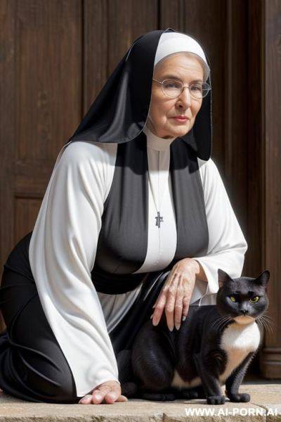 Woman is nun, she is fully nude but has a scarf on her head, full nude, only a scarf, she is in the medieval european city ((old city)), ((sexy ultra hot old nun mature granny nun - ai-porn.ai on pornsimulated.com
