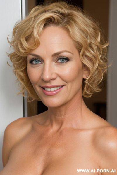 Full nude milf woman with short blonde curly haircut looks in camera, smiling - ai-porn.ai on pornsimulated.com
