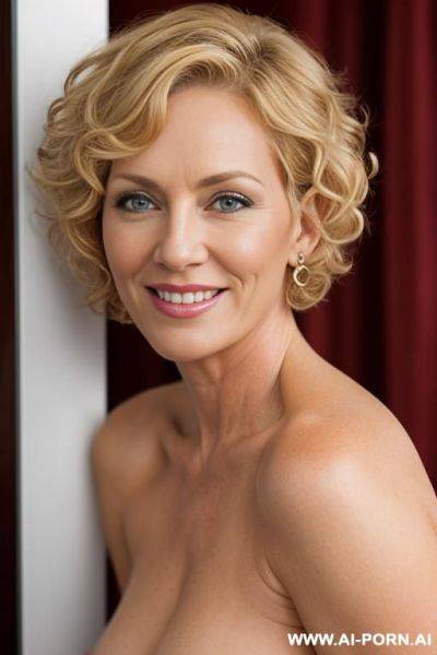 Full nude mature woman with short blonde curly haircut looks in camera, smiling - ai-porn.ai on pornsimulated.com
