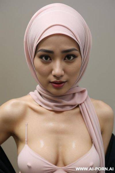 L-cup boobs, light pink nipples, seductive look, crying, wearing hijab - ai-porn.ai on pornsimulated.com