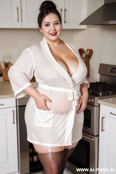 Sexy waitress, hot, seductive, busty, naked, high heels, stockings, gloves, pear shaped, plump figure, apron, homemaker - ai-porn.ai on pornsimulated.com