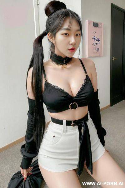 Korean idol, k-pop woman, huge saggy breasts, teaperead waist, long black hair, high pony tail hair, (((keep face))), ((keep body)), - ai-porn.ai - North Korea on pornsimulated.com