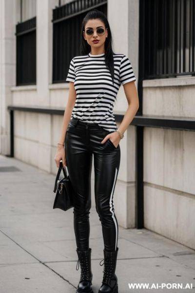 Woman, full body, standing, wearing a white and black striped t-shirt, black military pants and combat boots - ai-porn.ai on pornsimulated.com