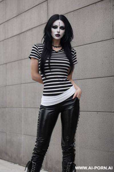 Woman, full body, standing, wearing a white and black striped t-shirt, black military pants and combat boots, gothic makeup - ai-porn.ai on pornsimulated.com