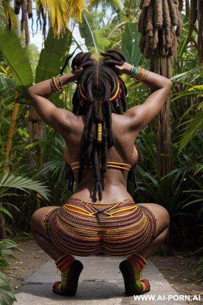 Ebony squat in jungle, rear shocked, front view - ai-porn.ai on pornsimulated.com