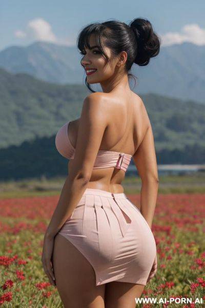 Back view closeup, (tall latina curvy), wide shoulders, wide hips, long legs, long torso, visible abs, ((sagging breasts)), round long face, long chin, pointy nose, large lips, long black hair - ai-porn.ai on pornsimulated.com