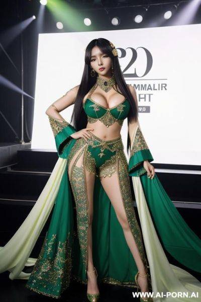 Beautiful malay woman, k-pop star, wearing performance outfit, fully dressed in fancy clothes, long legs, white skin, long hair, performer, photo realistic, very detailed realistic face, wearing green - ai-porn.ai on pornsimulated.com