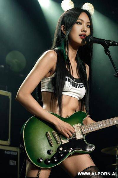 Beautiful malay woman, k-pop star, wearing performance outfit, fully dressed in fancy clothes, long legs, white skin, long hair, performer, photo realistic, very detailed realistic face, wearing green stage outfit. ((keep hair)) ((keep body)) - ai-porn.ai on pornsimulated.com