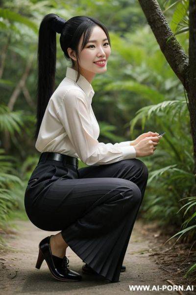 Chinese woman 20 years old shirt pleated pants ponytail squatting to ground in underbrush, smile, side-view - ai-porn.ai - China on pornsimulated.com