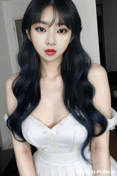 Stunning k-pop star, beautiful korean woman, very white skin, large perky breasts, long white wavy hair, long hair, big blue eyes, pretty lips, sexy make up, delicate body, curvy hips, huge - ai-porn.ai - North Korea on pornsimulated.com