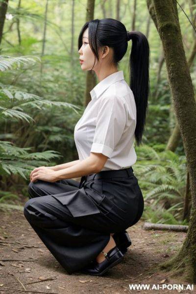 Japanese woman, shirt pleated pants ponytail squatting to ground in underbrush, side-view - ai-porn.ai - Japan on pornsimulated.com
