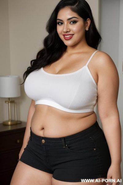 Very fat, pear shaped, supermodel, mexican, chola, chicana, shorts, wide hips, heavy makeup, extra thicc, chubby, long hair - ai-porn.ai - Mexico on pornsimulated.com