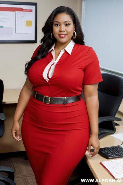 {{{full body view}}}, hand both sides of cheeks, half african half native american, {red clothes}, at an office - ai-porn.ai - Usa on pornsimulated.com