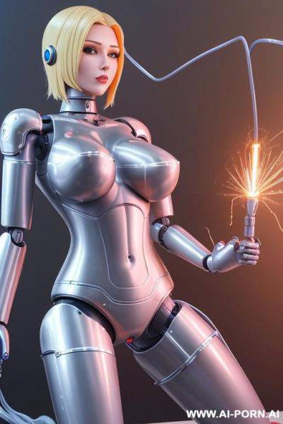 Blonde robot, (fully robotic body, huge robotic tits, damaged robotic arm with wires and sparks), full body view - ai-porn.ai on pornsimulated.com