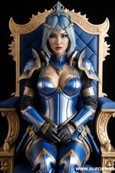 Galactic empress, detailed high quality ultra realistic ornate battle armor, blue hair, sitting on throne - ai-porn.ai on pornsimulated.com