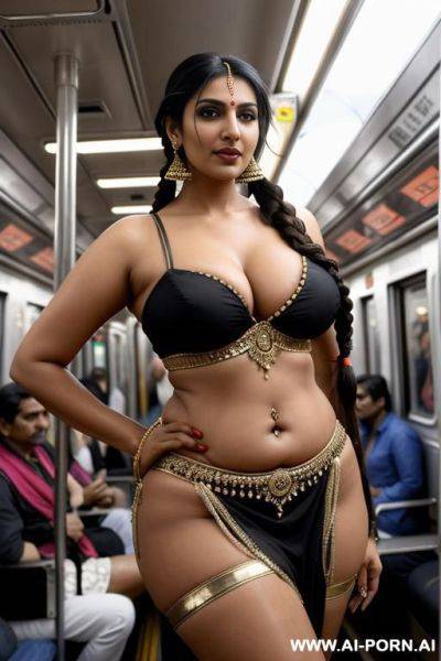 Indian woman, busty, gigantic boobs, huge tits, belly dancer outfit, skimpy clothes, crowded train, in public - ai-porn.ai - India on pornsimulated.com