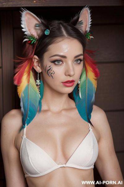 Face, sexy, beautiful, ((face painting)), ((bikini as seashell)), ((tattoo roses)), ((eyes shw)), ((angel wings)), ((rainbow hair)), ((long bu hair)), ((wind)), (( cat face)), (( cat ears)), (((feather - ai-porn.ai on pornsimulated.com