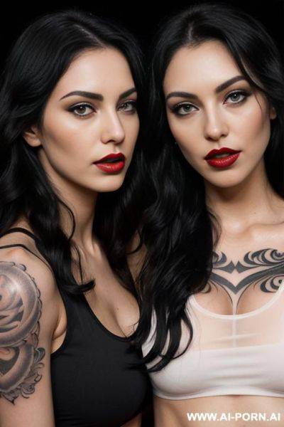 ((2 women kissing and hugging)) (long wavy hair) (soft black hair) (makeup) (smokey eyes) (red lips) (ideal facial ratios) (loose fitting white tank top) (see-through top) (athletic body) (large - ai-porn.ai on pornsimulated.com