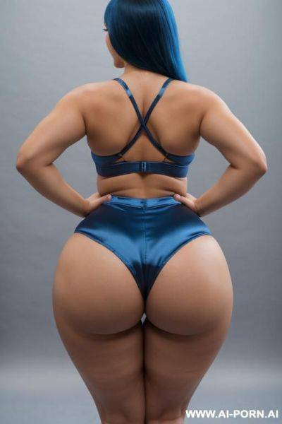Wearing a tight blue silk shorts, view from behind, full body shot, curvy fit body, nice legs - ai-porn.ai on pornsimulated.com