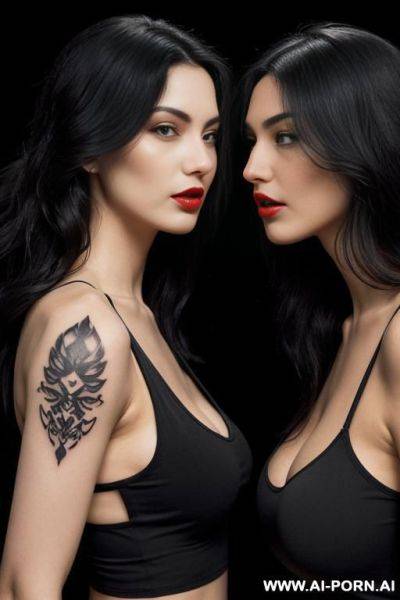 ((2 women )) ((looking at each other)) (long wavy hair) (soft black hair) (makeup) (red lips) (ideal facial ratios) (loose fitting white tank top) (see-through top) (athletic body) (large tattoo) - ai-porn.ai on pornsimulated.com