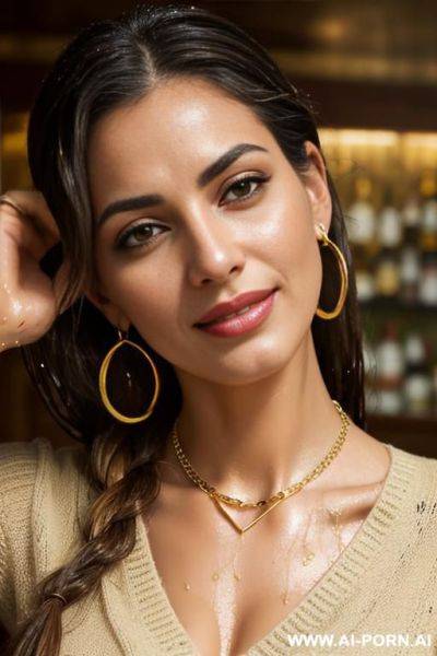 2 arabic woman, laying in a bar, ((joyful)), (gold necklace bracelets and rings, hoop earrings), ((seductive smirk)), eyes contact, brown braided hair, green sweater, ((wet )) - ai-porn.ai on pornsimulated.com