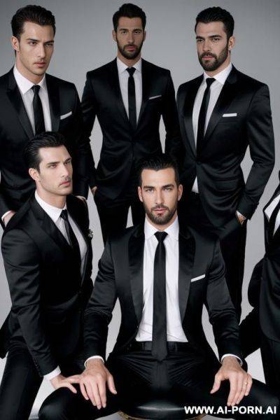 Group of men dressed in black satin shirts and ties, ejaculate on the tie of a man in the middle who is dressed the same - ai-porn.ai on pornsimulated.com
