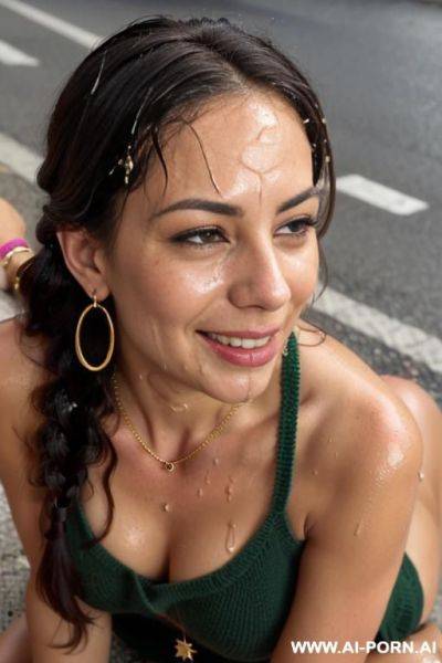 2 italian woman, laying in the street, ((laughing)), (gold necklace bracelets and rings, hoop earrings), ((seductive smirk)), eyes contact, brown braided hair, green sweater, ((wet )) - ai-porn.ai - Italy on pornsimulated.com