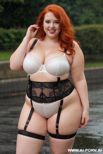 Full body photo shot, about at , fat bbw curvy with love handless and tummy, wearing a sexy and hot garter belt lingeries. under the rain - ai-porn.ai on pornsimulated.com