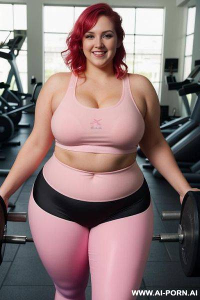 Half body photo shot close up, about at gym, obese fat bbw curvy, wearing a sexy and hot magenta leggins gym and top. - ai-porn.ai on pornsimulated.com