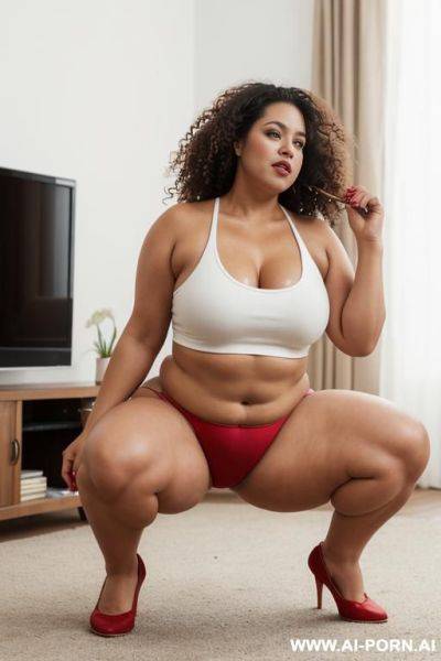 Mature chubby woman, 0 years old, full body, squatting, triangular hips, thick thighs, wearing red thong, white tank top, long brown curly hair, legs open, living room in front of the television - ai-porn.ai on pornsimulated.com