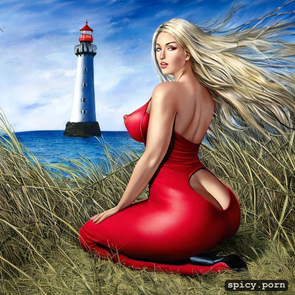 Erect nipples, side shot, posed sitting, vivid, seductive, a lighthouse hill on a beach - spicy.porn on pornsimulated.com