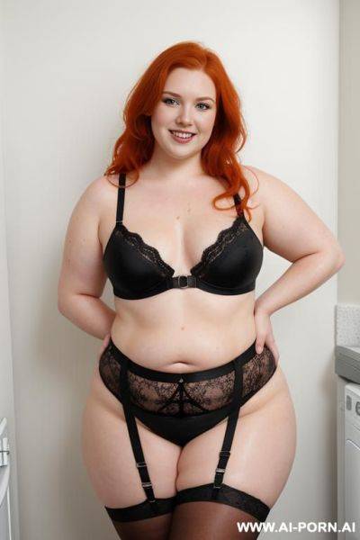 Half-length photo, as a stage in the laundry area, a fat obese chubby fat thick and bbw redhead british, she has a flower arm tattoo, she is washing clothes and is soaked in foamy water. - ai-porn.ai - Britain on pornsimulated.com