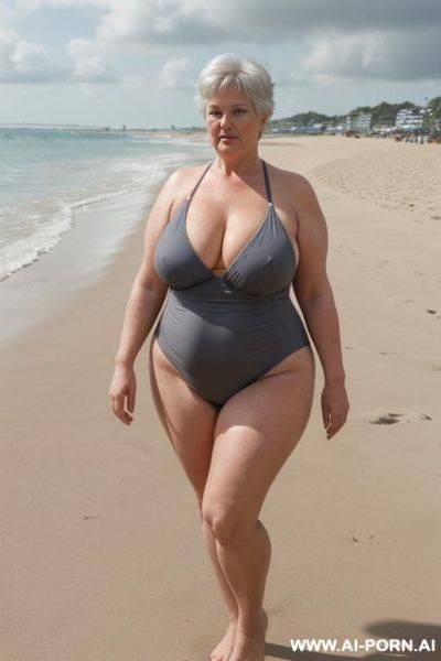 Mature chubby dutch woman, 0 years old, full body, huge saggy breasts, (breasts sagging to waist), nipples pointing down, standing. triangular hips, thick thighs, swimsuit, at beach, (no underwear), short grey hair, at beach - ai-porn.ai - Netherlands on pornsimulated.com