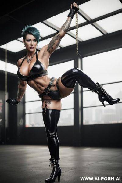 Two tall nacked muscular suberb women in indigo tigh high latex boots, hard tattooed with large brest, huge boobs, large round butt, short curly blue-black hair, wearing short latex gloves, - ai-porn.ai on pornsimulated.com