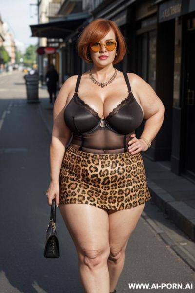 Matured old granny, wrinkles, wrinkled skin, ageing marks, bob cut straight fringe cover forehead, leopard print bra, fishnet stockings, big boobs, necklace, , sunglasses walking on street with a tiger on lead, day time, full body , red high heels - ai-porn.ai on pornsimulated.com