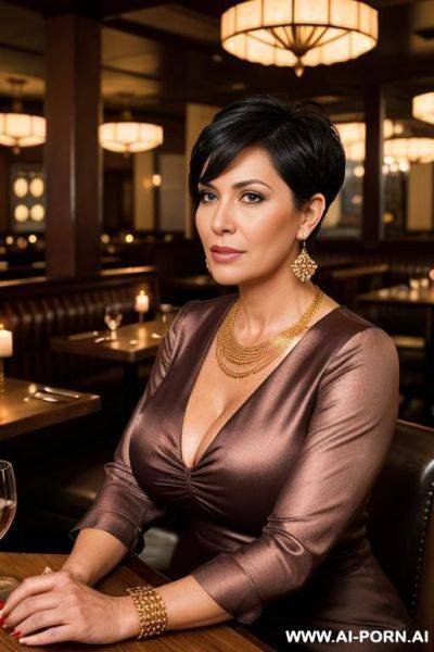Mature woman. tanned. necklace, earrings, bracelet, ankle chain. red high heels., gold armband. (massive bulging bulbous round boobs). long thick pointed erect nipples. - ai-porn.ai on pornsimulated.com