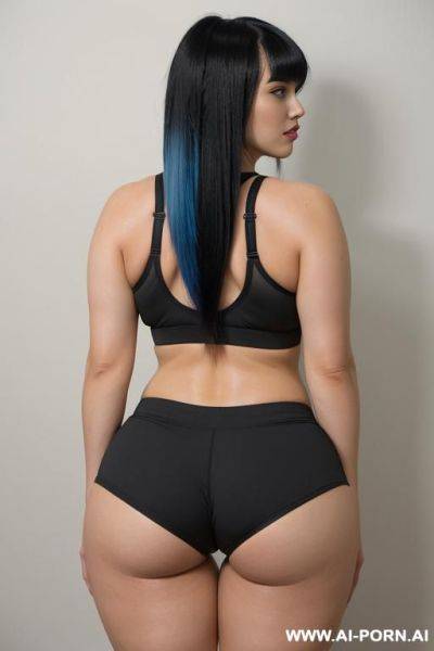 Long yoga shorts, red sports bra, black hair with blue tips - ai-porn.ai on pornsimulated.com