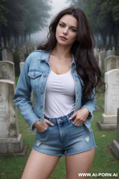 Pretty, ukrainian, 30, flowing wavy hair, dark brown hair, white skin, natural boobs, slight smile, makeup, eye shw, standing, spreading legs, denim jacket, red v-neck t-shirt, denim shorts, thick fog, cemetery background. - ai-porn.ai - Ukraine on pornsimulated.com