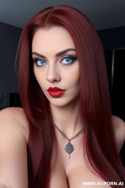 (hot tall woman) (big blue eyes) (huge tits) (big red lips) (long straight hair) (necklace) (big cleavage) - ai-porn.ai on pornsimulated.com