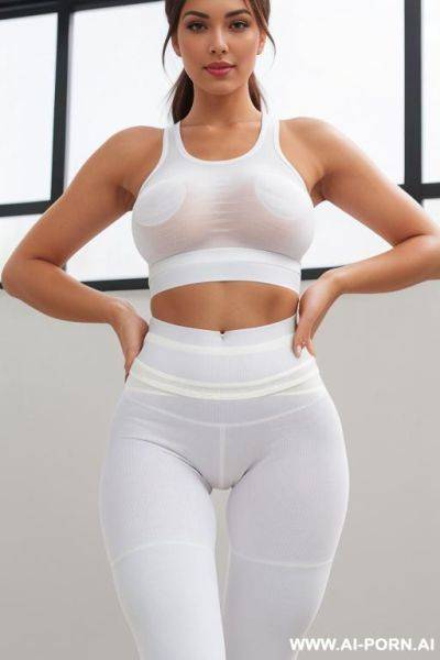 Zoomed front view of cameltoe in white seamless leggings. closed thighs. - ai-porn.ai on pornsimulated.com