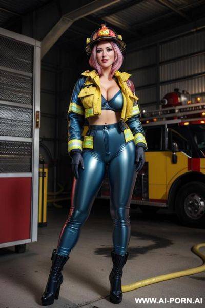 Hot ultra realistic very beautiful firefighter with hourglass figure, yellow firefighter helmet, (yellow fire jacket, jacket completely unbuttoned, jacket opened to shoulders), (dark blue firefighter - ai-porn.ai on pornsimulated.com