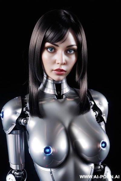 (realistic very detailed robot doll total meccanical artificial robot body woman) with long black hair and black-white glossy rubber latex glass transparent colored skin threads, glowing blue robotic - ai-porn.ai on pornsimulated.com