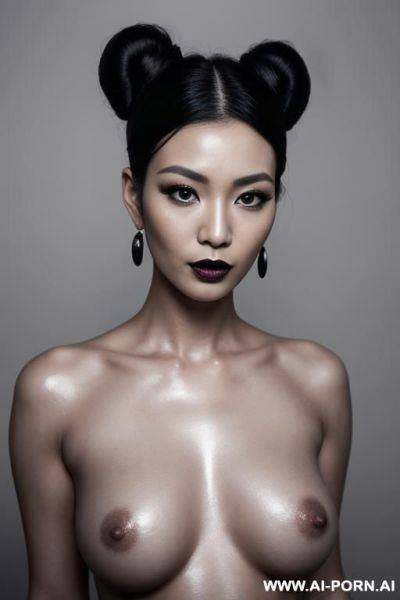 Full body view, supermodel, bun hairstyle, long eyelashes, black eyeliner, mascara, dark eyeshw, glossy black lipstick, sexy lips, sexy facial expression, earrings, naked, black nails, straight to the - ai-porn.ai on pornsimulated.com