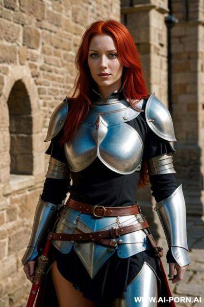 Female knight, tanned skin, red hair, sword belt, medieval background - ai-porn.ai on pornsimulated.com