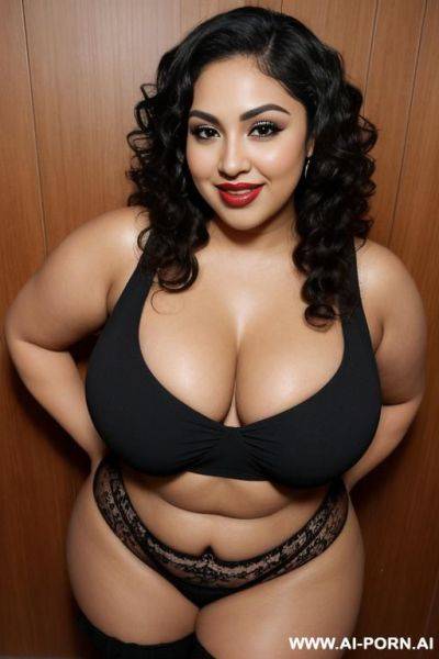 Latina woman posing for picture. natural boobs. chubby body. curly hair. black hair. chola. chola make up. seductive smile. eyebrow raised. chubby arms. raised eyebrow. short. chubby thighs. middle age woman. - ai-porn.ai on pornsimulated.com