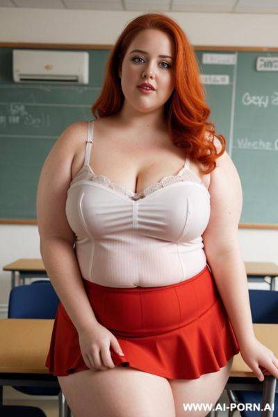 ((close up half body photo shot)), about at classroom, redhead ((obese)) chubby fat bbw curvy teacher, wearing a sexy and hot micro red ruffle skirt and elegant top, teaching to the classroom. - ai-porn.ai on pornsimulated.com