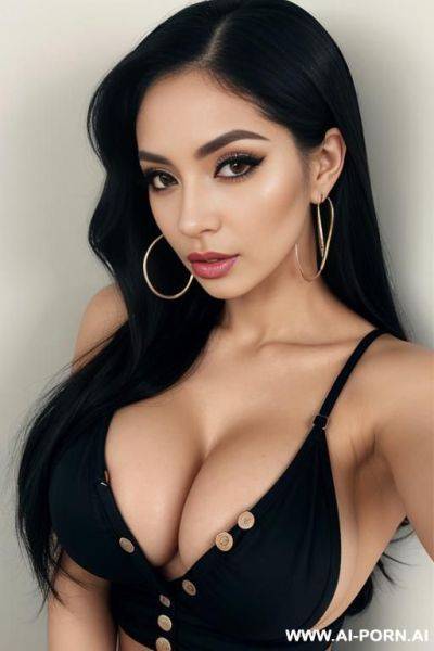 Naked, kawaii, extremely pretty, makeup, long eyelashes, full lips, button nose, flowing hair, hoop earrings, big round boobs, tight waist, stare - ai-porn.ai on pornsimulated.com